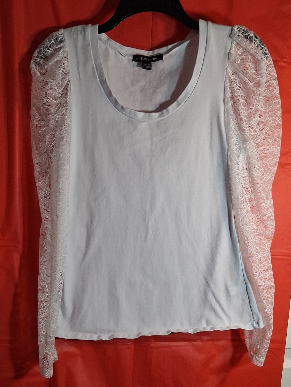 Boston Proper White Lace Puff Sleeve Long Sleeve Tee
